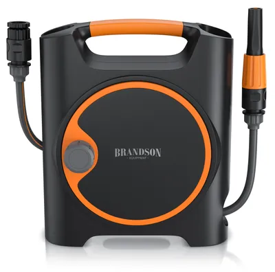 Immagine prodotto di Brandson: porta-tubo da parete, avvolgitore, tamburo, set composto da tubo da giardino da 10 m (Ø 11 mm), ugello, raccordo per rubinetto, raccordo rapido da 1/2 pollice