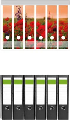 Produktbild von Wallario 6 Stück breite Ordner inkl. Klebeetiketten mit Motive Mohnblumen auf dem Feld -  Set mit Rückenschildern / Ordnerrücken Stickern