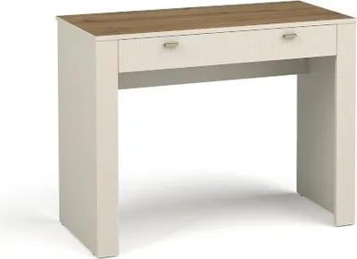 Zdjęcie produktu dla MOSSA toaletka 102 cm kaszmirowy beż & dąb whisky - toaletka z ryflowanym frontem i złotymi uchwytami - designerska konsola