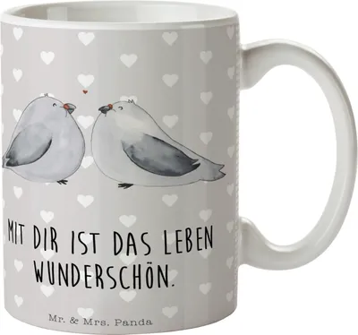 Produktbild von Mr. & Mrs. Panda Tasse Turteltauben Liebe - Grau Pastell - Geschenk, Hochzeitstag, Keramiktasse, Bedruckte, Freundin, Becher, Kaffeebecher, Freund, Teetasse, Kaffeetasse