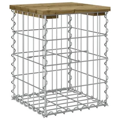 A gabion bench with a wooden top, shown against a white background.