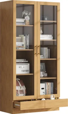 Produktbild von Merax Glasvitrine mit 2 Glastür, 2 Schublade, Metallgriffe, Regale, Büro Hochschrank, Aktenschrank, Schrank, Holzoptik Vitrinen, 160x80x40cm, Natur