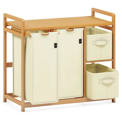 Produktbild von AdelDream Wäschekorb 4 Fächer Wäschesammler 140L Wäscheboxen Mit Korb Wäschesortierer mit 2 Wäschesäcken & 2 Stoffboxen mit Ablage Wäschesack Beige