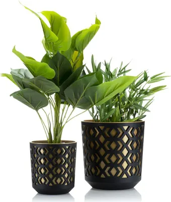 Produktbild von HowHomely | Pflanzkübel Set, 2 Blumentöpfe, Schwarz und Gold, 20,1 & 14,8 cm - Blumenkübel, Stilvoll