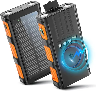 Produktbild von Solar Powerbank, 20000mAh Solarladegerät mit 4 Kabeln, 7 Ausgänge und 4 Eingänge, Compass, Doppeltaschenlampe für Camping, Wasserdicht, Orange