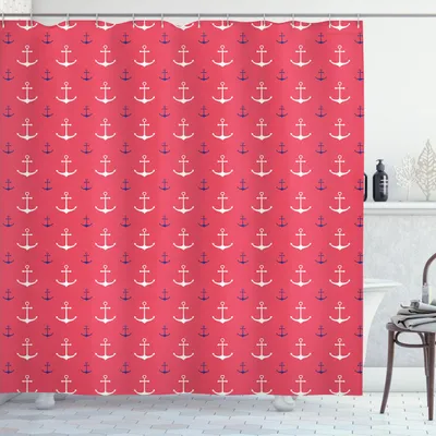 Image de ABAKUHAUS Rideau de douche Anker, motif symétrique sur le thème de l'océan et de la vie marine, 175 x 240 cm, corail foncé, indigo et blanc