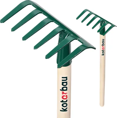 Produktbild von KOTARBAU® Metall Rechen für Garten 11,5 cm Handrechen mit Holzstiel 60 cm Handharke Gartenrechen mit 6 Zinken Handlich Stahl Grün