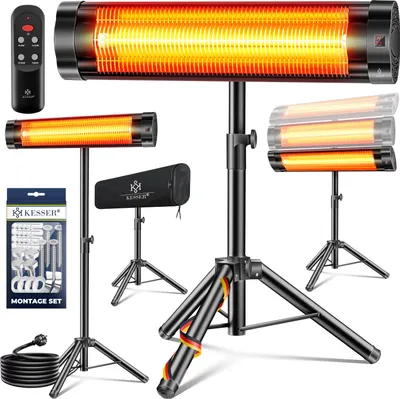 A collage of product images showing a KESSER infrared heater with its accessories and different mounting options.