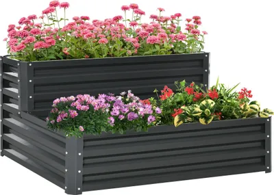 Produktbild von Hochbeet - Stahl-Pflanzkasten - 2 Ebenen - Treppendesign - Für Terrasse/Balkon - 120×101×58 cm - Dunkelgrau