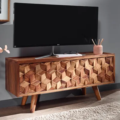 Image de FineBuy Lowboard Sheesham Bois massif 92x44x35 cm Commode TV avec porte rabattable Armoire TV Haute Table de télévision Armoire TV Moderne Commode TV Salon