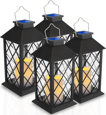 Produktbild von LUMILED 4x sada solárnych svietidiel Vonkajšie solárne svietidlá Vonkajšie LED sklenené svietidlo Solárne svetlo Sviečka Plameňové efekty Sviečka Svietidlo IP44 Vintage čierna Závesné dekoratívne vonkajšie svetlo Záhradné svietidlo