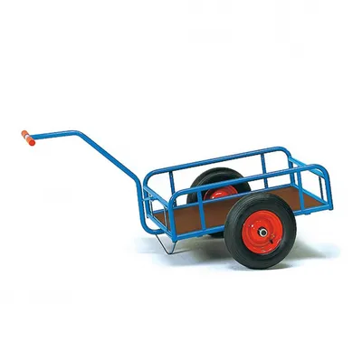 A blue metal handcart with a wooden base and two black pneumatic tires with red rims, shown against a white background.