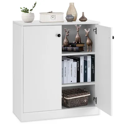 A white sideboard cabinet with one door open, revealing shelves with books and a basket. Decorative items are on top of the cabinet.