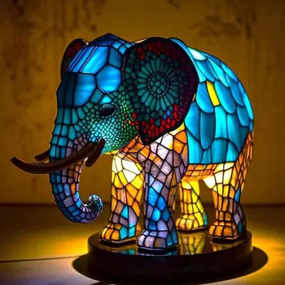 Produktbild von Elefant Lampe, Elefantlampe Mosaik, Nachttischlampe, USB Nachtlicht Elefant mehrfarbig, vintage buntglas lampe,Bedside lamp,Schlafzimmer Deko Geschenk