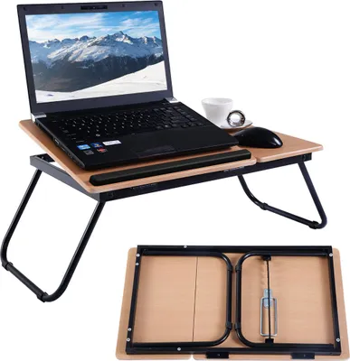 Produktbild von COSTWAY Laptoptisch klappbar, Arbeitstisch 4-Fach höhenverstellbar, Betttisch Notebooktisch Betttablett Lapdecks 55x32x23cm Natur Schwarz