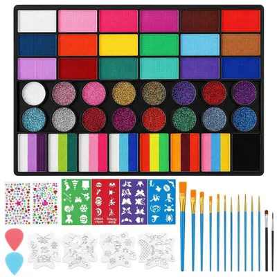 Produktbild von 78-teiliges Kinderschminke Set mit 56 Farben, Pinseln, Schablonen & Stickern