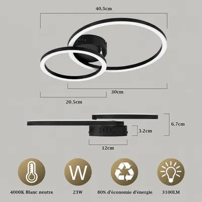 Image de Plafonnier LED ZMH 40 cm, 23 W, pour cuisine et salon, 4000 K, éclairage à deux anneaux, noir, pour cuisine, chambre et bureau, Image générée par une IA