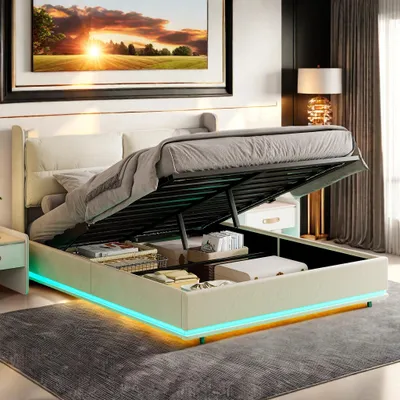 Image de Lit double - Lit avec rangement - Canapé-lit - Lit en velours - Lit avec espace de rangement - 160x200 cm