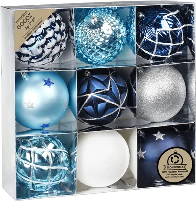 Produktbild von Weihnachtskugeln Kunststoff 10cm Muster / Glitzer 9er Set - Blau Mix