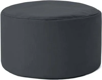 A dark gray round pouf is shown from a side angle against a white background.