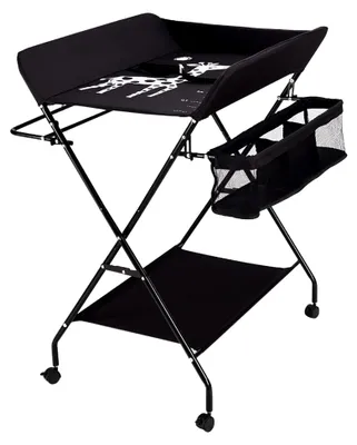 Produktbild von Baby Wickeltisch, Mobiler Klappbar Wickeltisch mit Stauraum, Höhenverstellbare Wickelkommode mit Rollen und Sicherheitsgurt Reisewickelkommode für Babys und Kleinkinder (Schwarz)