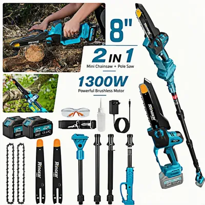 Produktbild von 2 in 1 Akku Mini Kettensäge 8 Zoll,Teleskopstange Hochentaster mit 2 Akkus, 1300W bürstenlos, 2 m Verlängerung und automatischer Schmierung