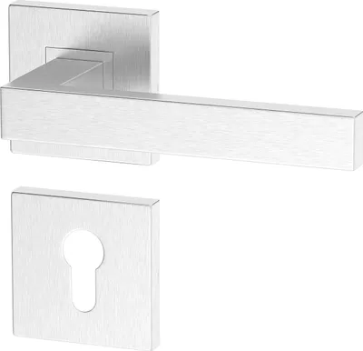 A stainless steel door handle set with a keyhole escutcheon plate, presented on a white background.