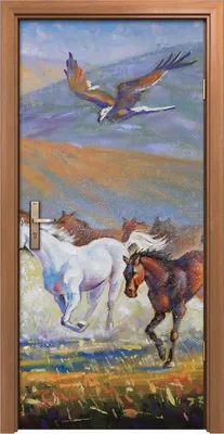 Produktbild von Türposter 90x200 cm Türaufkleber Türtapete Türfolie Klebefolie Tiere Malerei Pferde Vögel fliege