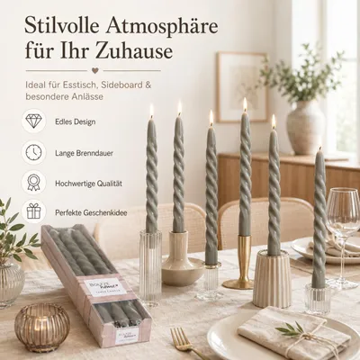 Immagine prodotto di Boltze Stabkerze Twisto (6-tlg., dunkelgrau, 20 cm, aus Wachs, modernes Design)