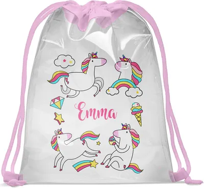 Produktbild von Personalisierbar Kinder Schwimmbad Turnbeutel mit Namen Transparenter Beutel 30 x 40 cm Wasserfeste Tasche mit UV Print Gymsac Jutebeutel Print Bag Fitness Mädchen Unicorns [010]