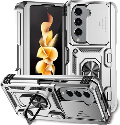 Produktbild von Hülle für Samsung Galaxy Z Fold 5 mit Scharnierschutz, Schiebe Kamera Schutz und Ringhalter Ständer Dual Layer Schutzhülle Silber