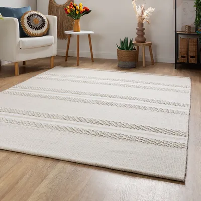 Produktbild von Steffensmeier Handweb Teppich Habo breite Streifen | Wolle (Schurwolle), Beige, Größe: 90x160 cm Wohnzimmer und Schlafzimmer