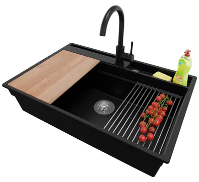 Produktbild von PRIMAGRAN Granitspüle Schwarz 78x53cm, Spülbecken 1 Becken + Ablauf-Set + Küchenzubehörset, Küchenspüle ab 80er Unterschrank - Oslo Pocket