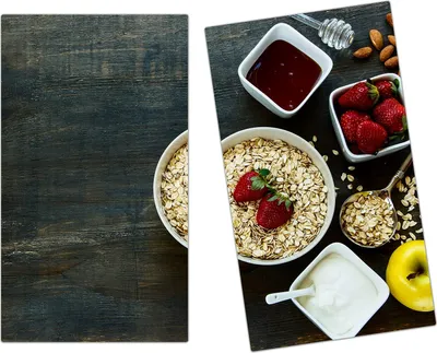 Produktbild von Spritzschutz Herdabdeckplatte Schneidebrett aus Glas Müsli und Apfel 2-Teilig (60x52cm)