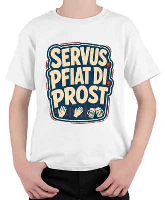 Productafbeelding van Servus! Proost! Bayern Bier Wiesn Lederhose Kinder T-shirt, wit, maat 128