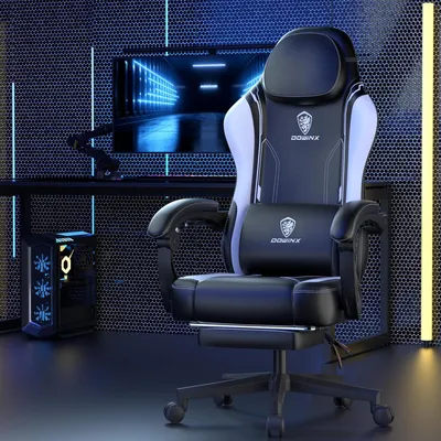 Zdjęcie produktu dla Ergonomiczny fotel gamingowy z białej skóry PU, wyposażony w podparcie lędźwiowe i szerokie oparcie