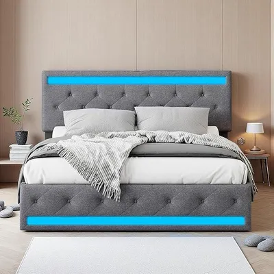 Imagen del producto de Cama tapizada de 180x200 cm con iluminación LED, cama doble con espacio de almacenamiento y 4 cajones, cama con función de carga USB y Type-C, estructura de cama con somier de madera, tapizada en lino, color gris