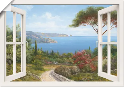 Produktbild von ARTland Poster Fensterblick - Haus am Meer, weiß Größe: 100x70 cm