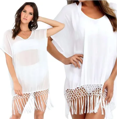Produktbild von Kimono-Kleid, Cape, Tunika, Pareo, Sommer, Strand, weiß, Boho mit Spitze