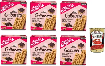Produktbild von Galbusera Biscobarretta cereali e cioccolato fondente, Riegel Kekse Müsli und dunkle Schokolade 6x 230g + Italian Gourmet polpa 400g