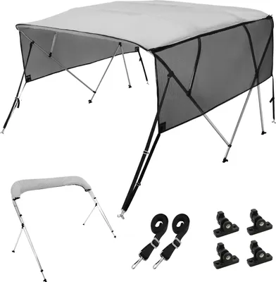 Produktbild von VEVOR 4-Bogen-Bimini-Top-Bootsabdeckung, 231–244 cm Einbaubreite 600D-Polyester-Überdachung, Bootsverdeck mit Abnehmbare Mesh-Seitenwände, Wasserdicht & Sonnenschutz, inkl. Aufbewahrungsbox Hellgrau