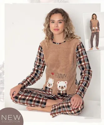 Produktbild von Damen Pyjama POLAR Schlafanzug Braun XXL 2-Teiler Set Lang Warm Winter S-03