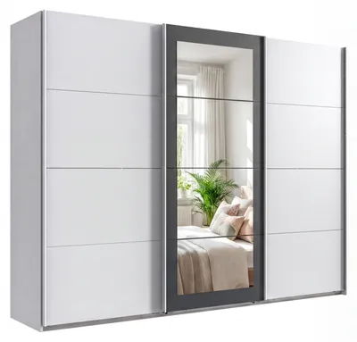 Obrázek produktu pro Zavěsná skříň s třemi dvířky, šatní skříň, šířka 270 cm, bílá barva, se zrcadly, rám v šedé barvě / 22629
