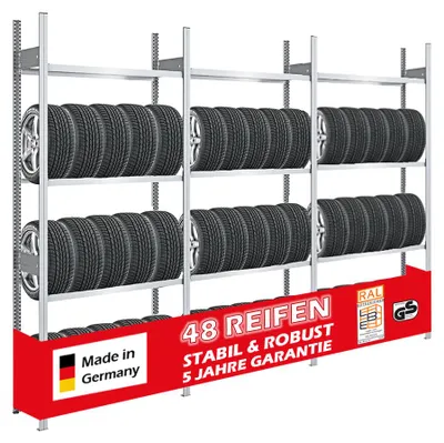Produktbild von Reifenregal TIRE PRO  Germany | Komplettregal | HxBxT 250x300x43cm | 150kg Fachlast | bis zu 48 Reifen auf 4 Ebenen | Verzinkt