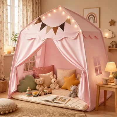 Obrázok produktu pre Hrací stan 150 x 100 x 150 cm, ružová, pre interiér a exteriér, s vlajkami a hviezdnymi svetlami
