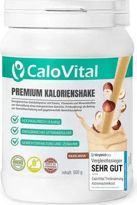 Produktbild von Trinknahrung hochkalorisch für Gewichtszunahme | Kohlenhydrate als Kalorien Shake von CaloVital | Hochdosiert & viele Vitamine (Haselnuss500g), Pulver
