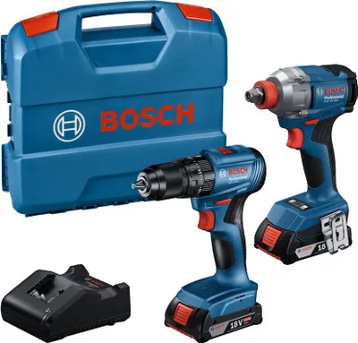 A Bosch power tool kit including a drill, an impact wrench, a charger, and a case, laid out on a white background.