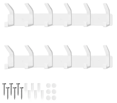 Image de Porte-manteau mural en deux parties avec 6 crochets, porte-manteau pour chambre, salle de bains, cuisine, porte-manteau mural pour vestes, manteaux, sacs, chapeaux et écharpes (blanc)