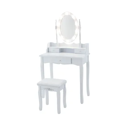 A white vanity table with a lighted mirror and a matching stool, set against a white background.