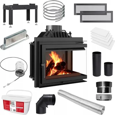 A collection of fireplace insert components and accessories laid out on a white background.